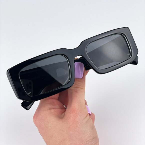 Prada PR06YS 09Q5S0 Sunglasses Black White Dark Grey Rectangle Unisex - Picture 4 of 15